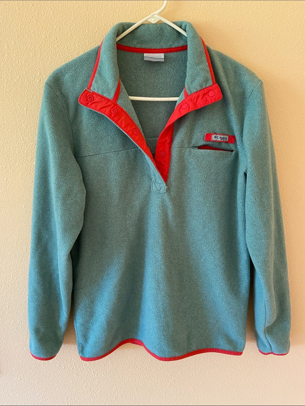 Mens Columbia PFG Fleece, Green and Red Pullover, Size Large